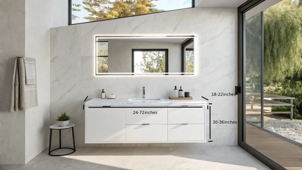 Common vanity sizes generally range from 24 to 72 inches in width, with a standard depth of 18 to 22 inches and a height of 30 to 36 inches.