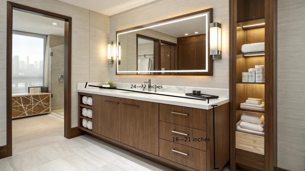 Standard bathroom vanities typically range in width from 24 inches (60 cm) to 72 inches (180 cm), and in depth from 18 to 21 inches.