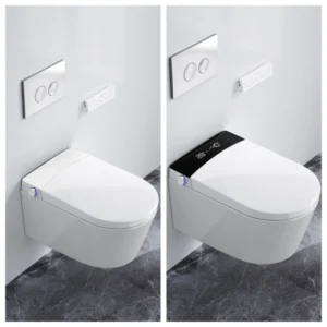 Compact wall-mounted smart toilet with built-in tank and automatic shutoff, available in white or black