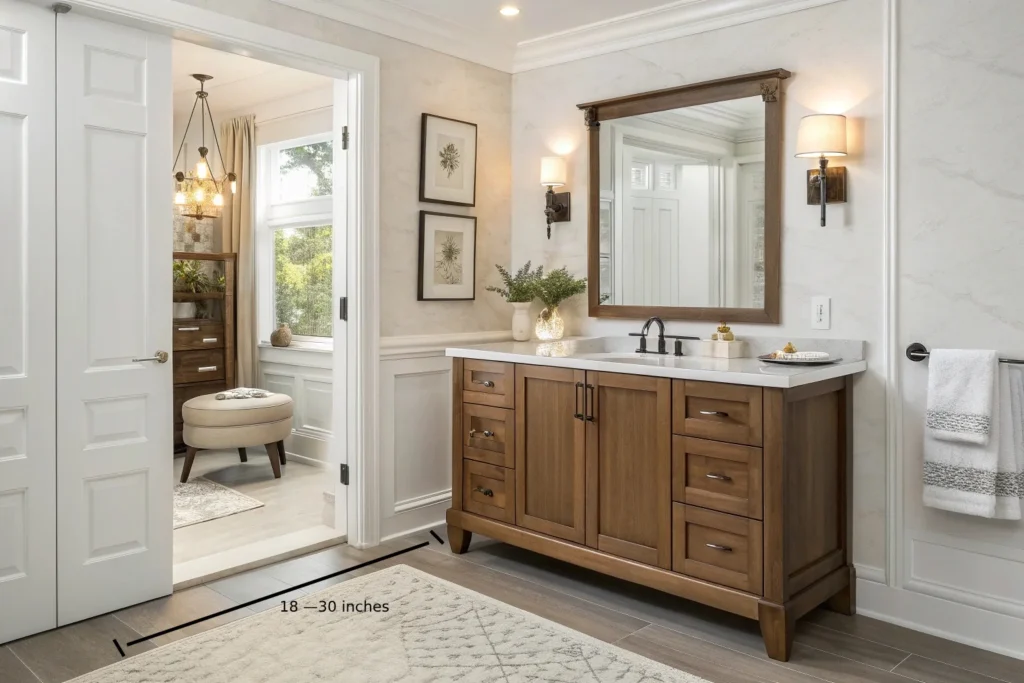 While still leaving at least 18 to 30 inches (45 to 76 cm) of clear space in front of the cabinet and allowing the door to open freely.