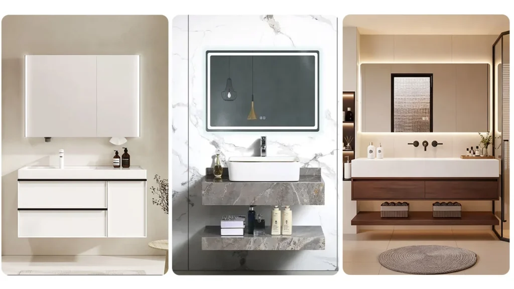Recommended classic white bathroom cabinets, dark charcoal gray/navy blue bathroom cabinets, natural wood color (light oak/walnut) bathroom cabinets