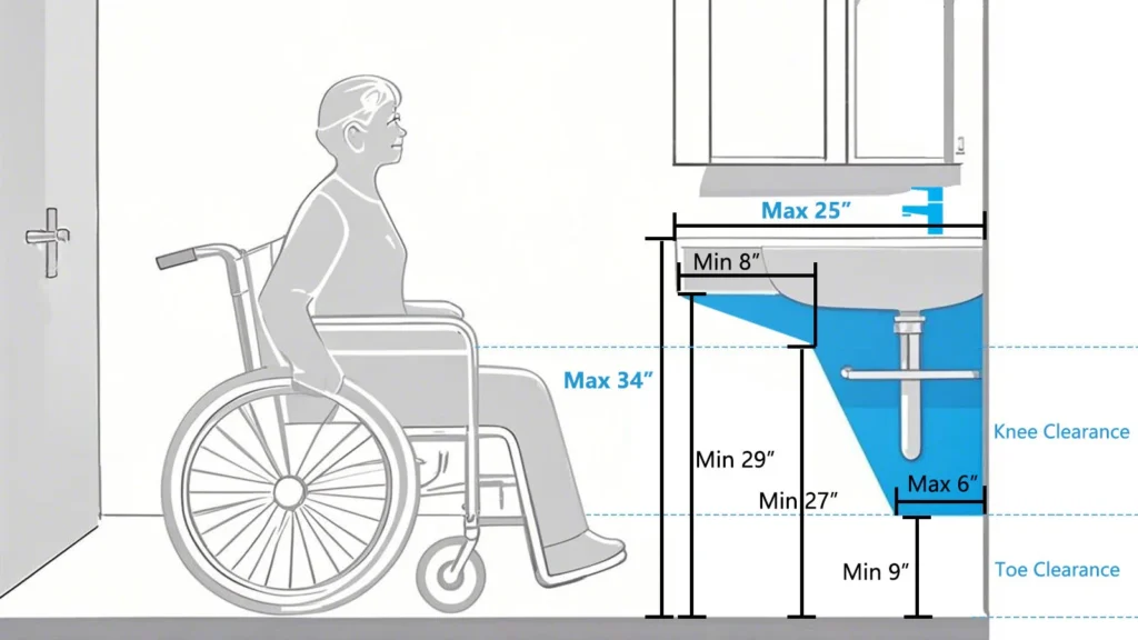Key ADA standards: 27-inch clear knee height under sink, 30-by-48-inch clear height, 34-inch maximum sink height, controls within easy reach