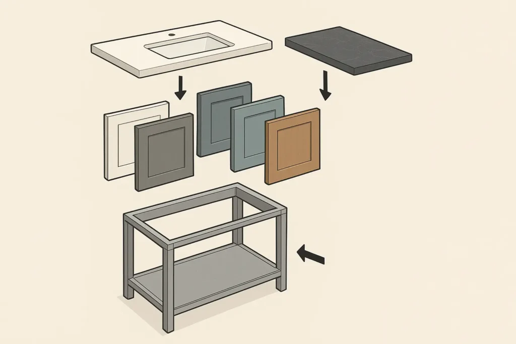 High-quality, scalable modular vanity solution used in a multi-family or hotel construction project.