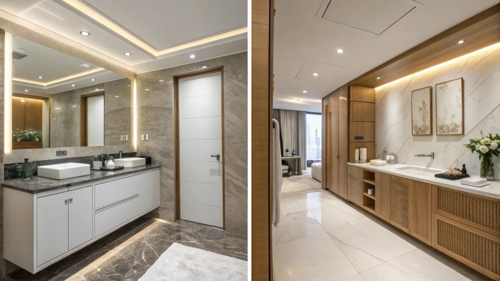 100% waterproof PVC cabinets paired with engineered stone countertops offer the best long-term value.