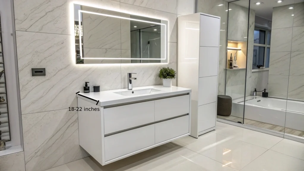 Bathroom vanities are typically 18 inches to 22 inches deep.