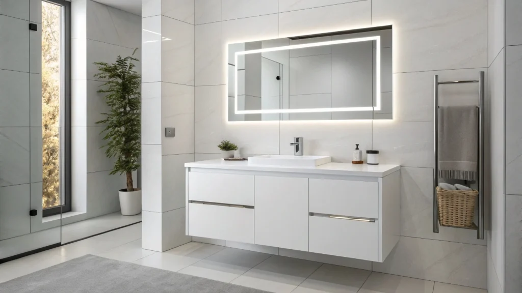 The mirror should not be wider than the vanity. The faucets, handles and lighting fixtures must also be the right size to fit the vanity top.