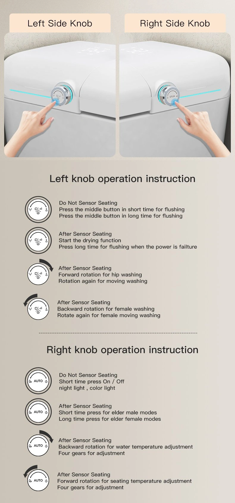 Left Knob Operation – Without Sensor Seating: 1) Short press middle button for a quick flush. 2) Long press middle button for a more powerful flush. – After Sensor Seating: 1) Drying Function activates automatically. 2) Long press for a full flush during power failure. 3) Forward rotation for hip wash; rotate again for “moving” hip wash. 4) Backward rotation for female wash; rotate again for “moving” female wash.