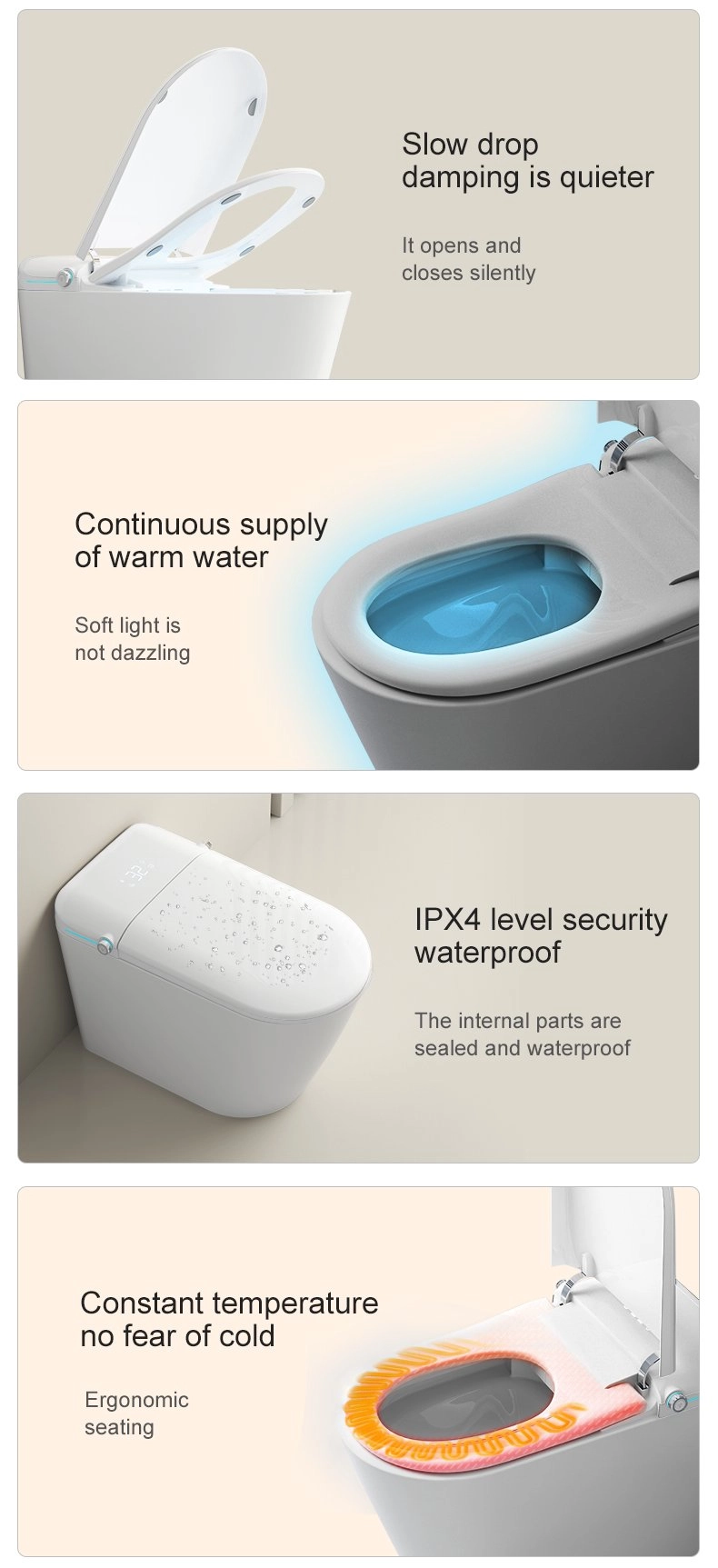 Right Knob Operation – AUTO Mode: One-touch activation for a full service cycle (rinse and dry). – Without Sensor Seating: Short press On/Off for night light or color light to illuminate your bathroom. – After Sensor Seating: 1) Short press for an elder male mode; long press for an elder female mode. 2) Backward rotation adjusts water temperature (four gears). 3) Forward rotation adjusts seat temperature (four gears).