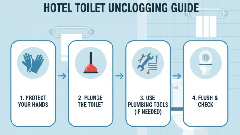 Close-up of a hotel toilet being unclogged, illustrating how to fix clogged toilet step by step with plunger and plumbing equipment.