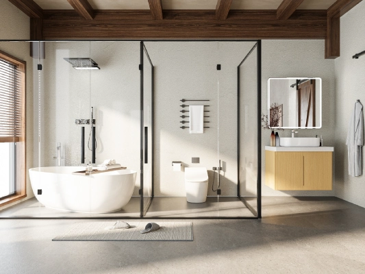 A modern, easy-to-clean restroom featuring seamless surfaces and wall-hung fixtures.