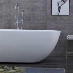 Front OMQ-91724 Classic Freestanding Soaking Bathtub Sleek White Acrylic Easy to Maintain and Install