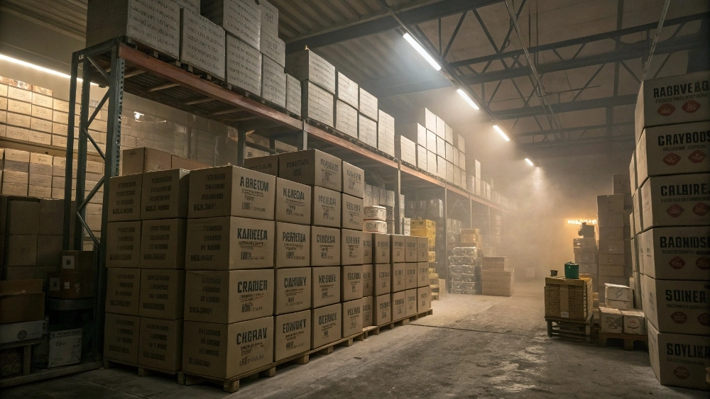 Cluttered warehouse showing high inventory risk from inflexible standard bathroom vanities.