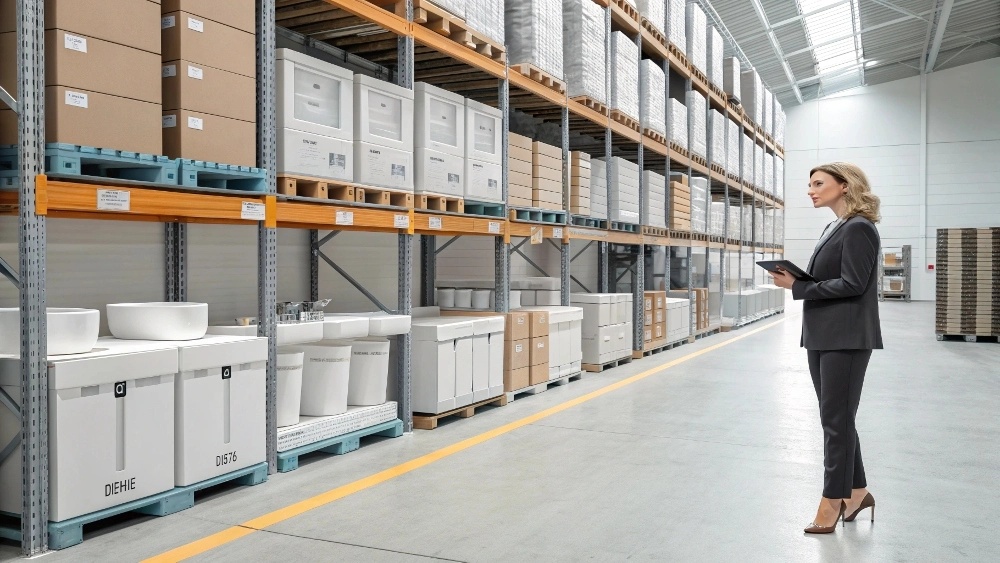 Distributor managing modular bathroom vanity inventory for competitive advantage.