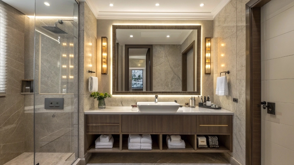 smart mirror and lighting of hotel bathroom vanity