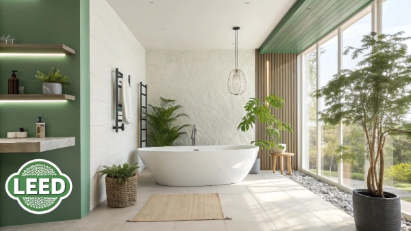 Eco-friendly bathroom showcasing sustainable bathtub materials aligned with ESG and LEED standards.