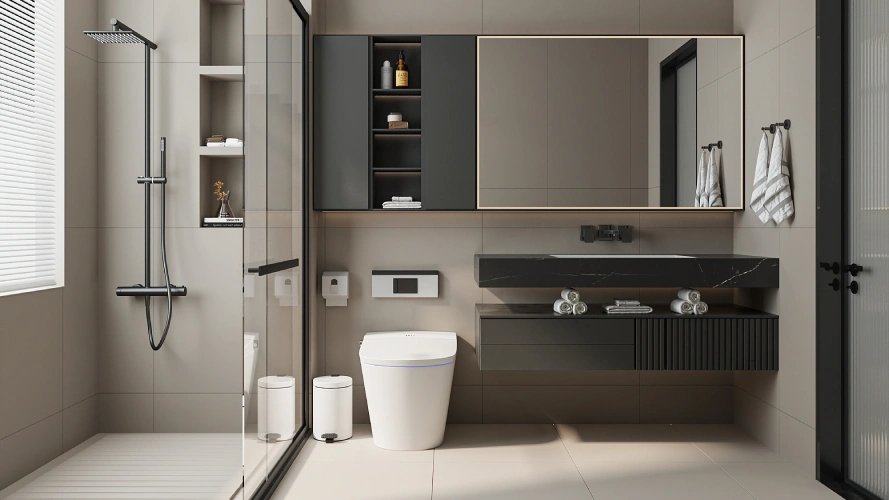 A detailed view of a modern toilet's internal flushing mechanism.