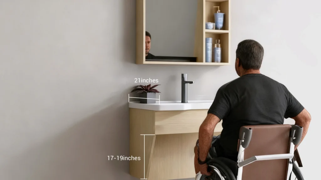 Bathroom vanities that meet ADA standards have a depth of 21 inches. This height not only meets headroom requirements but also allows for easy access for wheelchair users without taking up countertop space.