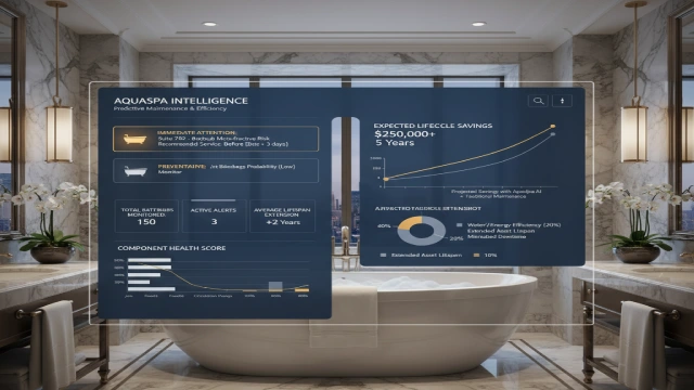 Predictive maintenance dashboard illustrating cost savings and lifecycle management for high-end bathtubs