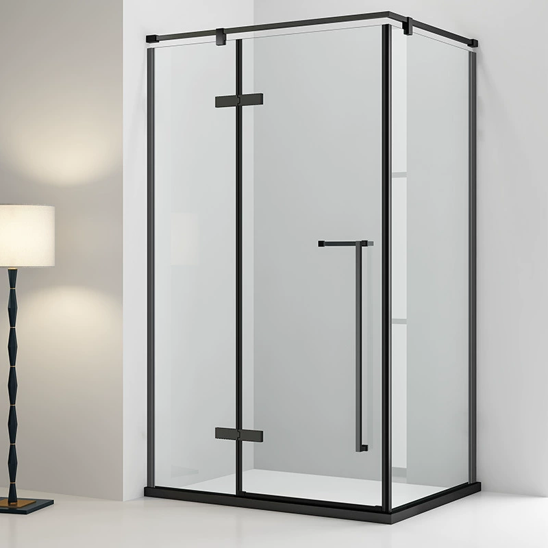 F-851 Matte Black Semi-Frameless Tempered Glass Corner Shower Enclosure — Modern Hinged Door, Minimalist Bathroom Cubicle