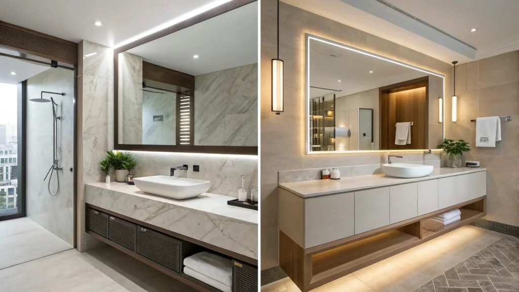 Wall-hung and undermount bathroom sinks in hotel setting, offering durability, easy maintenance, and modern space-saving design for high-traffic areas.