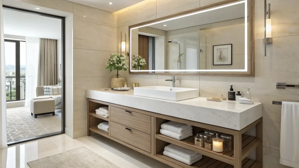 Solid surface acrylic and engineered quartz bathroom sinks offering long-term ROI with stain, scratch, and wear resistance for hotels and resorts.