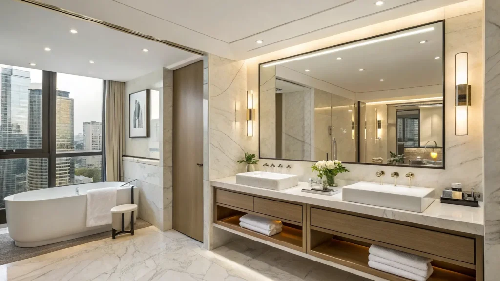 Luxury bathrooms tell a story—but the countertop material you choose decides what kind of story guests will remember. Quartz bathroom countertops are usually the better choice for hotels because they resist stains, need less maintenance, and look consistent. Marble suits high-end rooms where design and prestige outweigh upkeep costs.