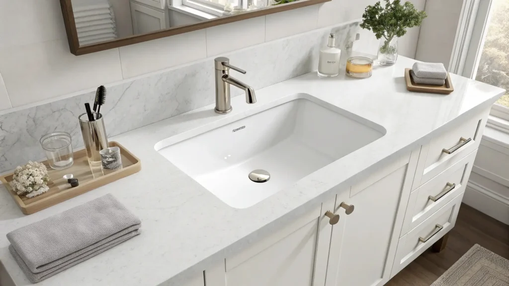 Porcelain bathroom sink in hotel setting showing durability and resistance to chips and stains, offering better long-term ROI than ceramic sinks.