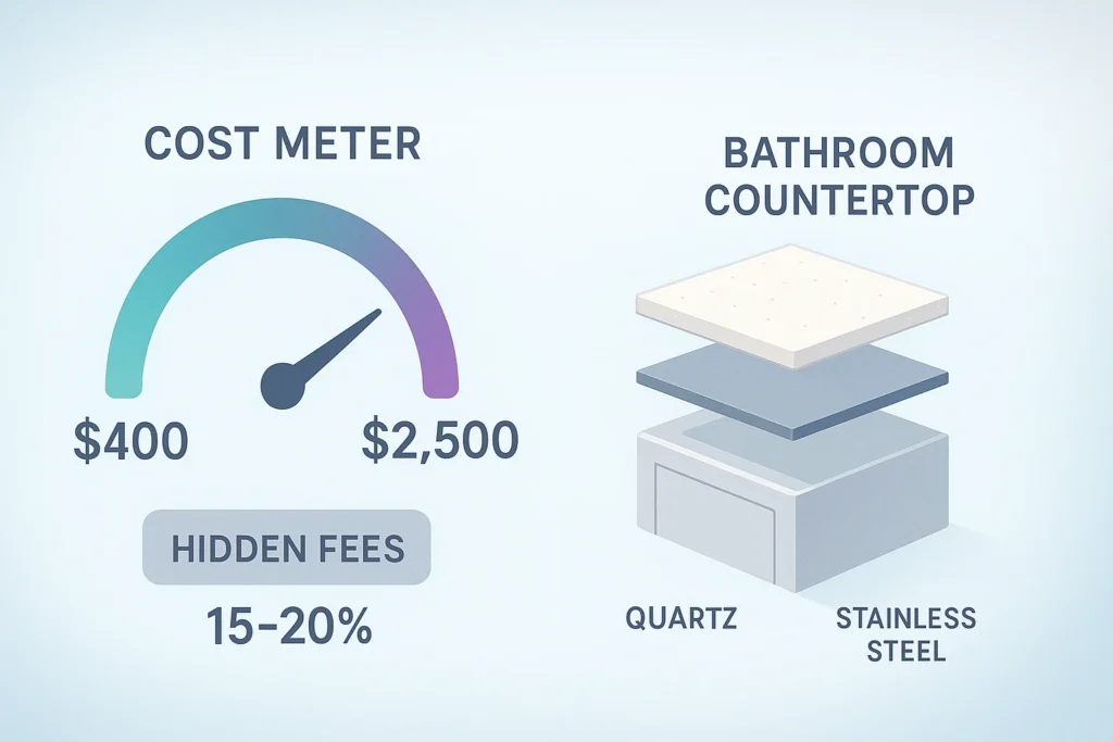 Cost breakdown of large-scale bathroom countertop installation showing $400 to $2,500 per unit with materials, labor, removal, logistics, and an additional 15–20 percent for customization and supply chain factors.