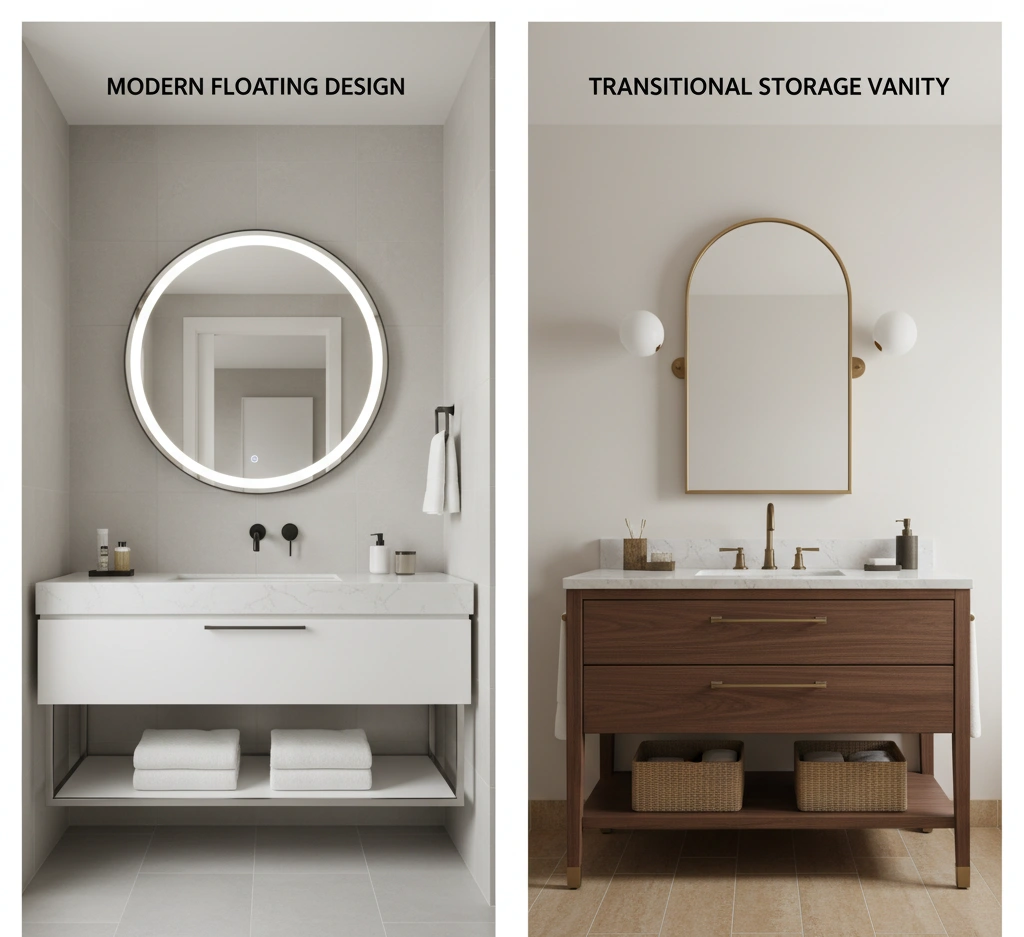 Modern bathroom featuring a floating vanity and a transitional vanity, showcasing 2025 US trends with sleek design, space-saving elegance, and durable materials suitable for hotels and homes.