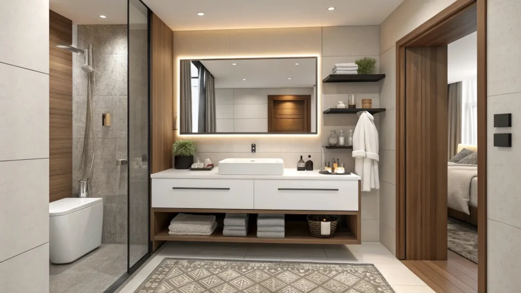 Modern small hotel bathroom with a floating wall-mounted vanity, minimalist design, durable materials, and space-saving layout enhancing guest comfort and value.