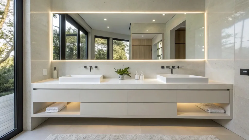 Luxury double sink vanity with quartz countertop, floating design, LED lighting, and smart mirror creating a modern, spa-like hotel bathroom experience.