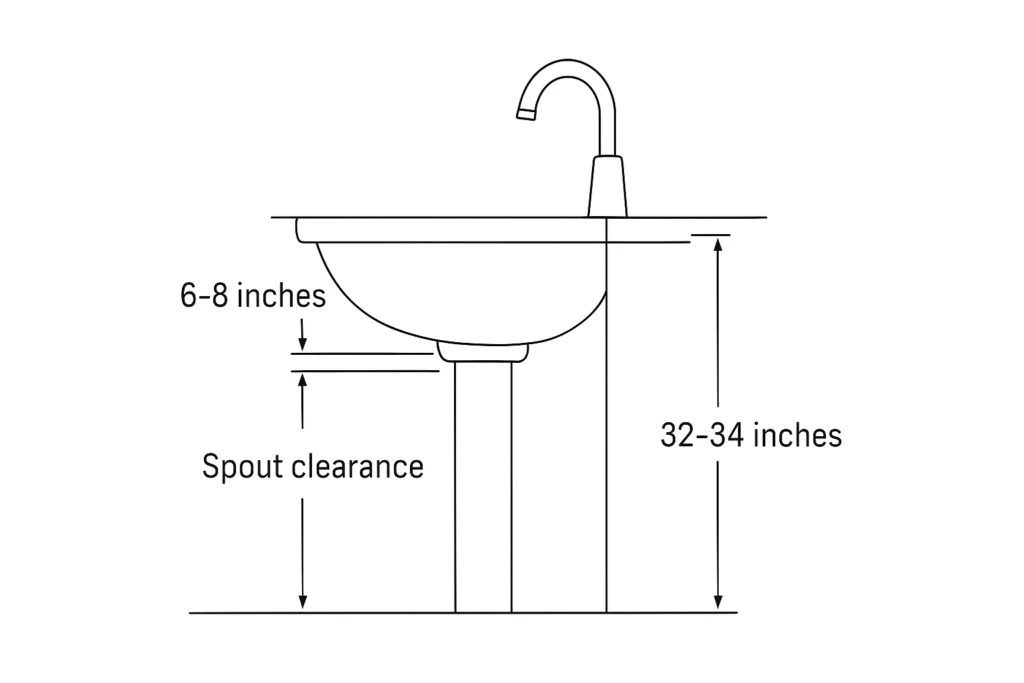 Diagram of a hotel bathroom sink with ideal basin depth 6–8 in, spout clearance 8–10 in, rim height 32–34 in.