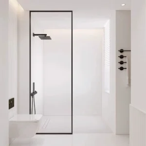 F-001 Matte Black Framed Walk-In Shower Panel — Tempered Glass Fixed Shower Screen