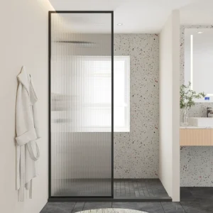 F-002 Fluted Tempered Glass Shower Panel — Matte Black Framed Ribbed Privacy Screen