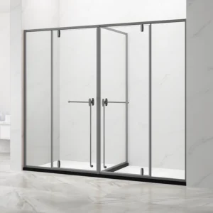 F-832 Framed Double Pivot Shower Enclosure — 10mm Tempered Clear Glass with Matte Black Frame & Integrated Towel Bars (Custom Size)