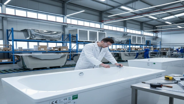 Technician inspecting certified modular bathroom tubs with CE and ETAG labels in a European factory