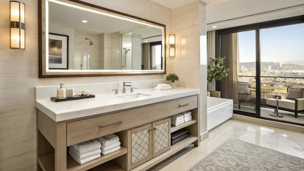 Solid surface and quartz bathroom sinks combining elegance, durability, and easy repair, ideal for high-use hotel and commercial bathrooms.