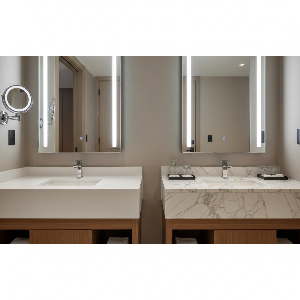 Quartz and marble bathroom countertops showing quartz with low maintenance and durability, marble with classic beauty but higher upkeep for hotel bathrooms.