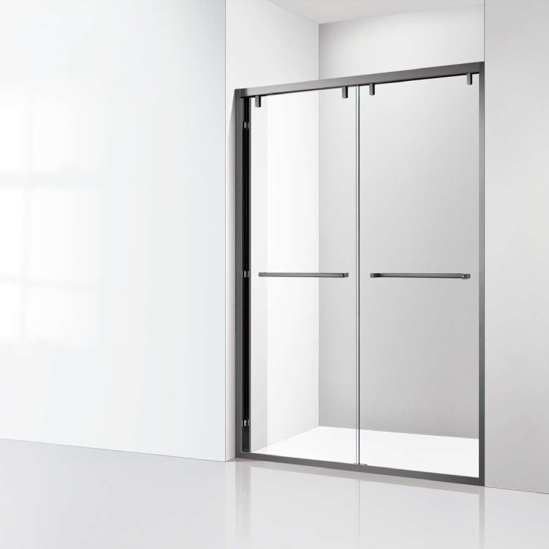 Luxury sliding glass shower door – matte silver finish with smooth rollers. Luxury sliding glass shower door – matte silver finish with smooth rollers.