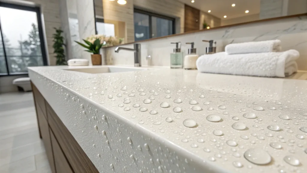 Quartz bathroom countertop showing water-resistant, non-porous surface that prevents mold, mildew, staining, and warping in hotel bathrooms.