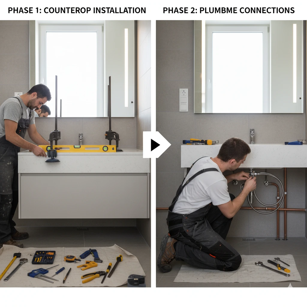 Diagram showing plumbers handling sink and faucet connections while specialized installers set, level, and secure bathroom vanity tops.