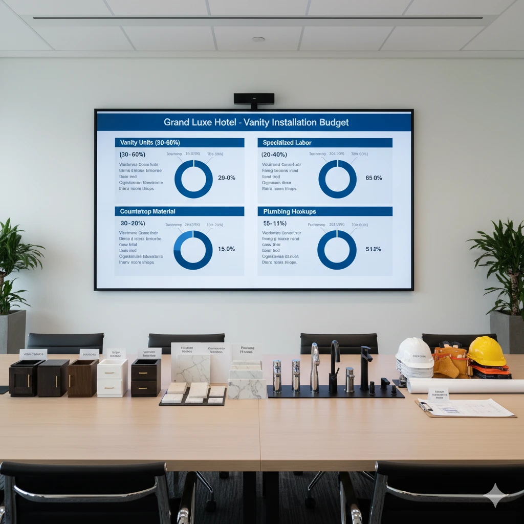 Cost breakdown of large-scale bathroom vanity installation showing percentages for vanity units, specialized labor, countertop materials, plumbing hookups, and added commercial demolition and disposal fees.