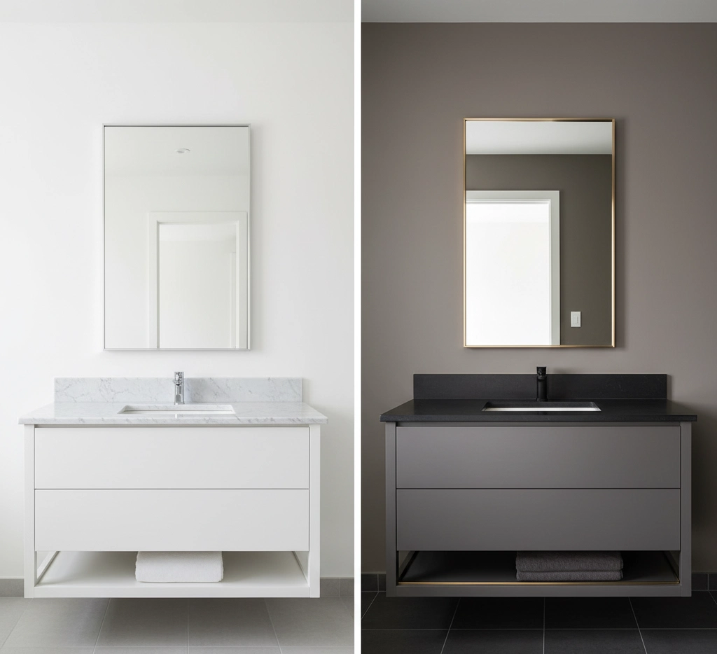 Hotel bathroom featuring a timeless white and sophisticated gray vanity, creating a clean, spa-like, and upscale look suitable for long-lasting appeal across multiple rooms.