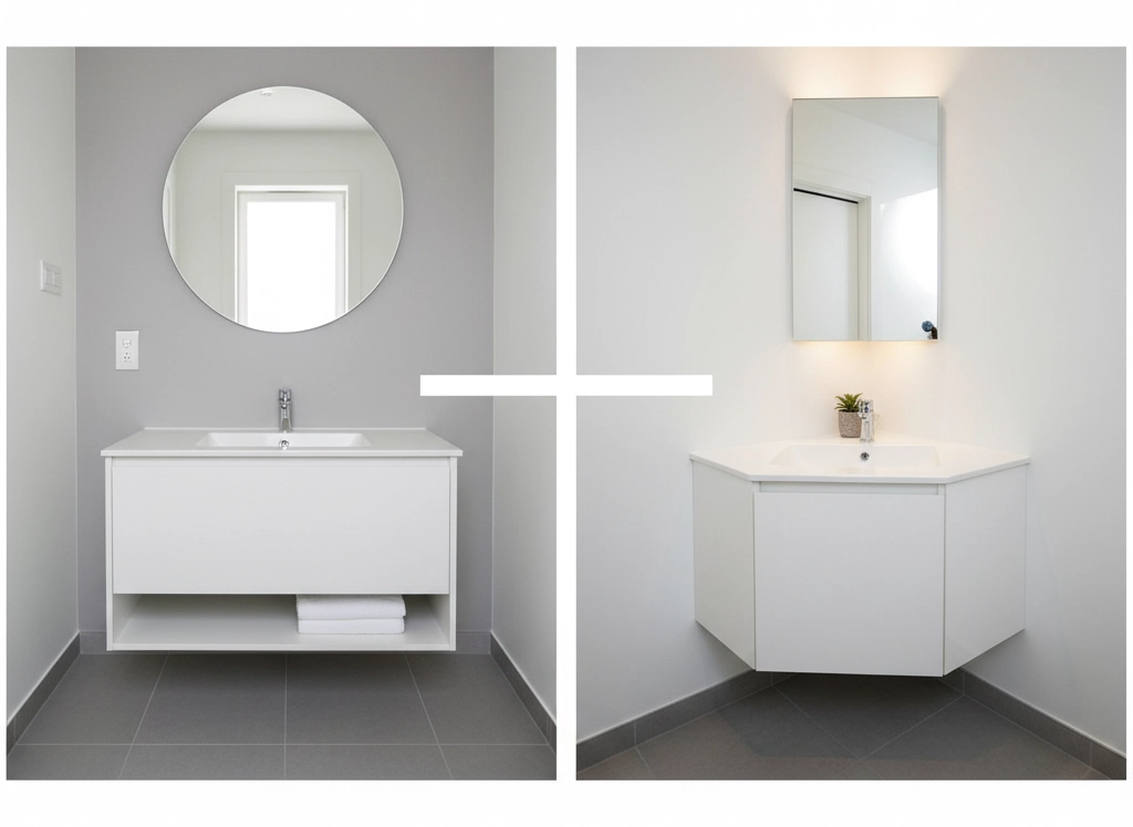 Small hotel bathroom with floating wall-mounted and corner vanity designs, maximizing floor space and creating a larger, more luxurious, and efficient layout.