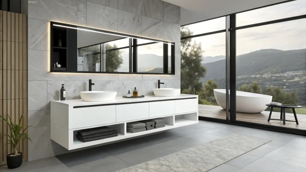 Modern floating double vanity with minimalist design, clean lines, and high-quality materials creating an open, luxurious hotel bathroom atmosphere.