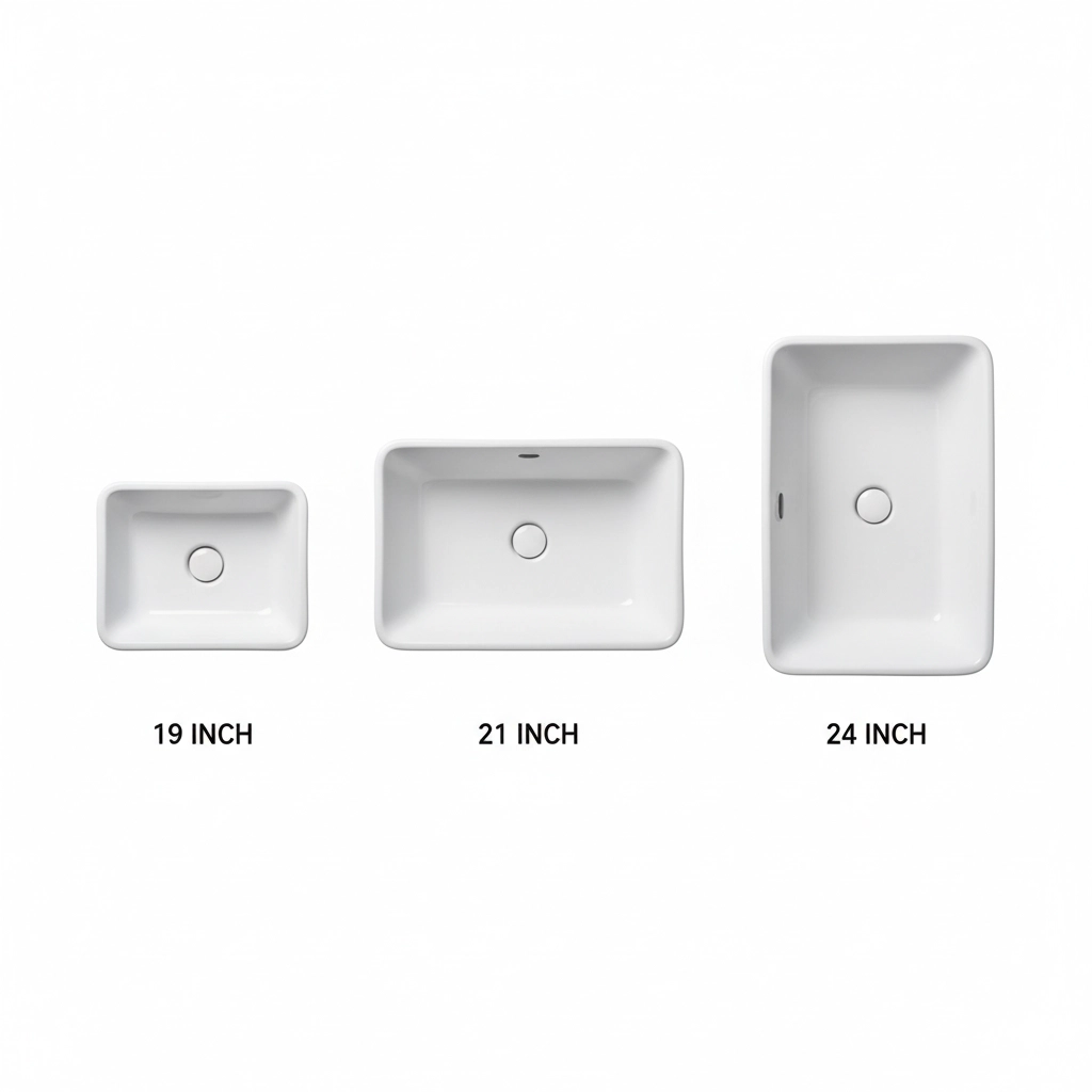 Illustration of standard bathroom sink sizes showing typical width of 19–24 inches (45–60 cm) and minimum 6-inch basin depth for guest room planning.