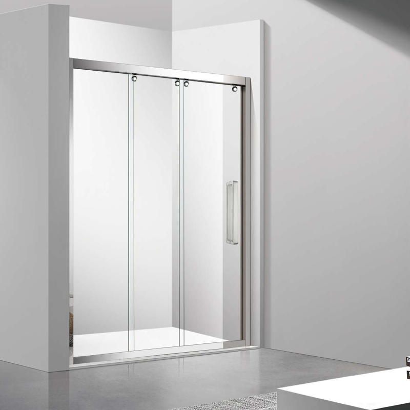 Silver-framed sliding shower door with clear tempered glass – Modern three-panel shower enclosure Silver-framed sliding shower door with clear tempered glass – Modern three-panel shower enclosure
