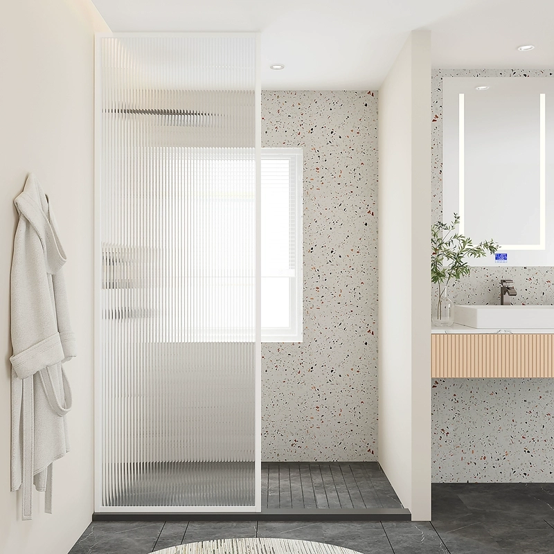 F-002 Corrugated Tempered Glass Shower Screen — Matte White with Striped Privacy Screen F-002 Corrugated Tempered Glass Shower Screen — Matte White with Striped Privacy Screen
