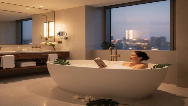 Luxury hotel bathroom with a high-quality bathtub creating a premium guest experience.