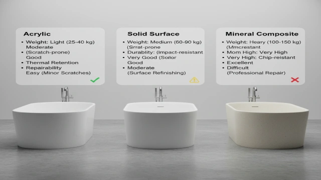 Comparison of bathtub materials showing acrylic, solid surface, and mineral composite with weight, durability, and thermal retention information.
